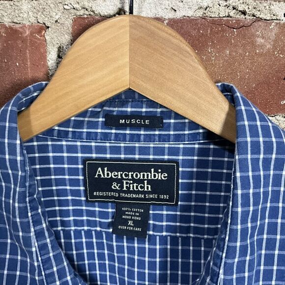Abercrombie & Fitch Shirt Mens XL Blue Logo Casual Muscle Plaid Button Up - Picture 2 of 4